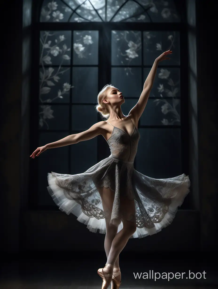 A poetic and visually captivating scene. The image depicts a beautiful Russian blonde dancer, with medium-sized breasts, delicate makeup, and light eyes, wearing a gray lace dress (the dress has petal designs and a short skirt). She is dancing ballet alone in a dark room, illuminated by the moonlight streaming through a large window. The ballet shoes she wears are white, highlighting her figure and angelic face. This description transports us to a magical and romantic atmosphere, where the dancer is in the center of the room, expressing her art and grace through dance. The combination of the darkness of the room, the moonlight, and the elegance of the dancer creates a visually stunning and beautiful image.