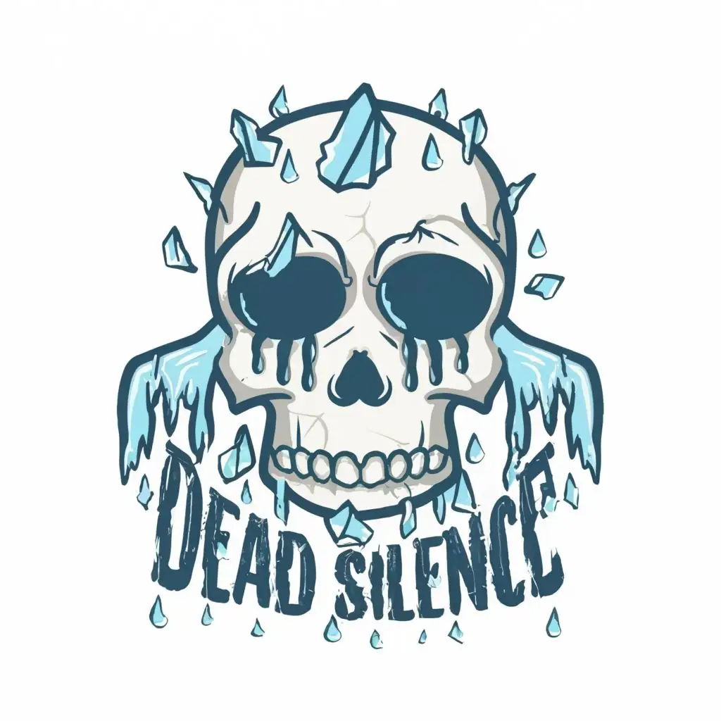 logo, a sad frozen skull with ice falling out of the scary eyes white background dead silence under the frozen skull, with the text "dead silence", typography