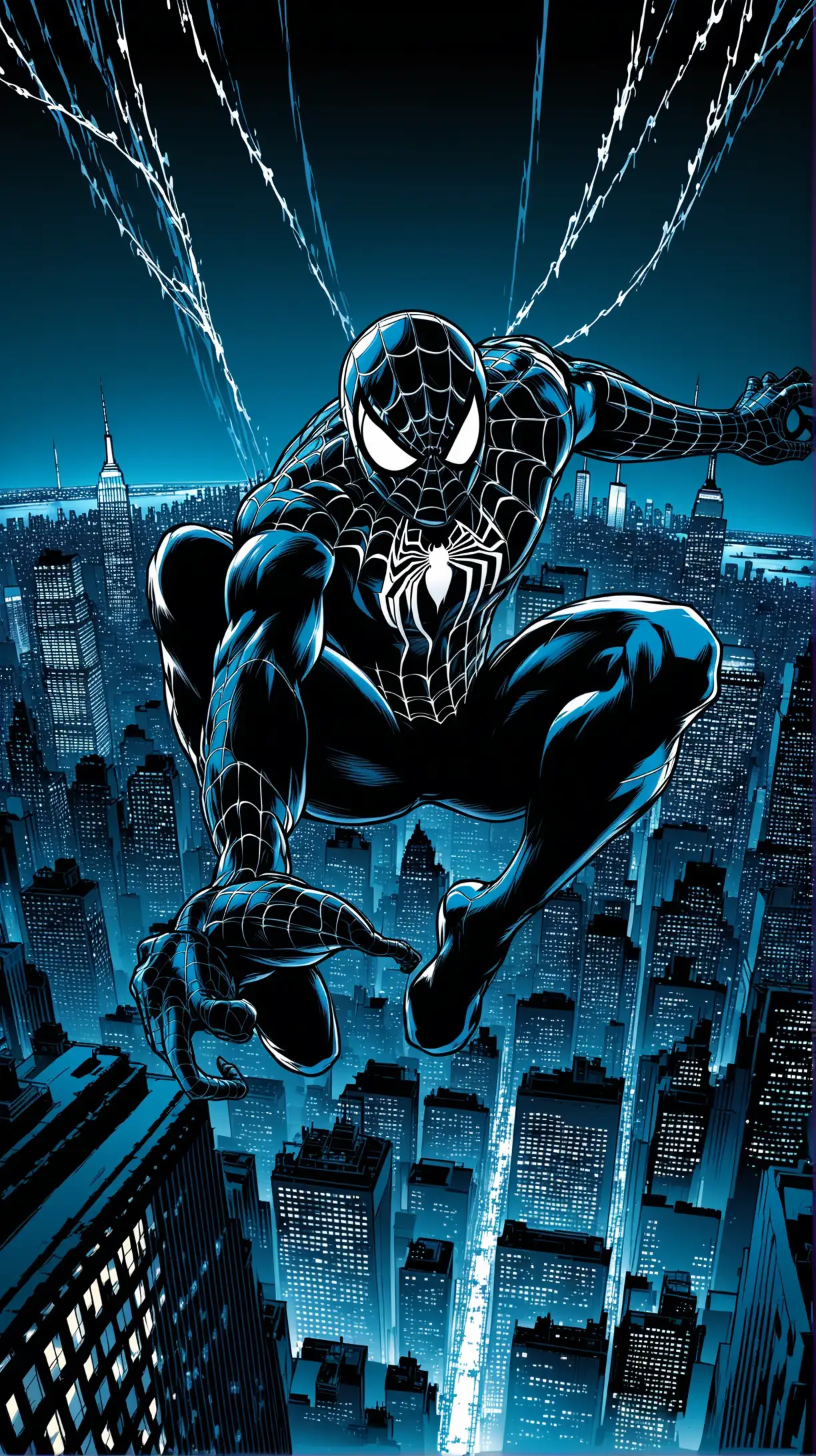 Symbiote spiderman vector. Action swinging. Night time New York city background 
