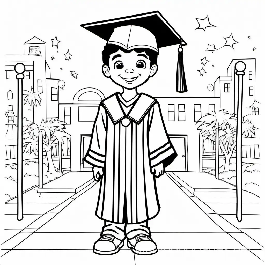 preschool aged  hispanic boy wearing a cap and gown for graduation, black and white, line art, white background, Coloring Page, black and white, line art, white background, Simplicity, Ample White Space. The background of the coloring page is plain white to make it easy for young children to color within the lines. The outlines of all the subjects are easy to distinguish, making it simple for kids to color without too much difficulty