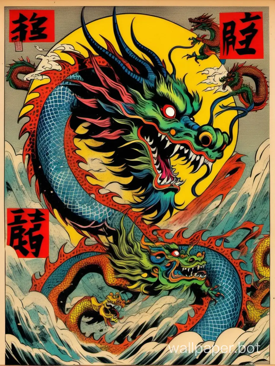 Horror chinese dragon, vintage comic book art, hypercolored, surreal torn collage, very torn comic paper border