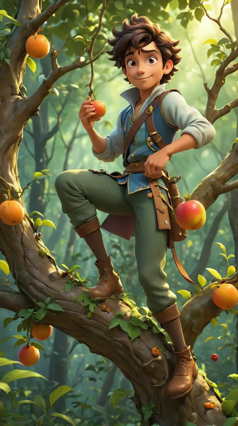 Create a 3D illustrator of an animated scene where a  adult prince in his 30's is climbing up the tree to collect fruits in a forest. Beautiful, colourful and spirited background illustrations.