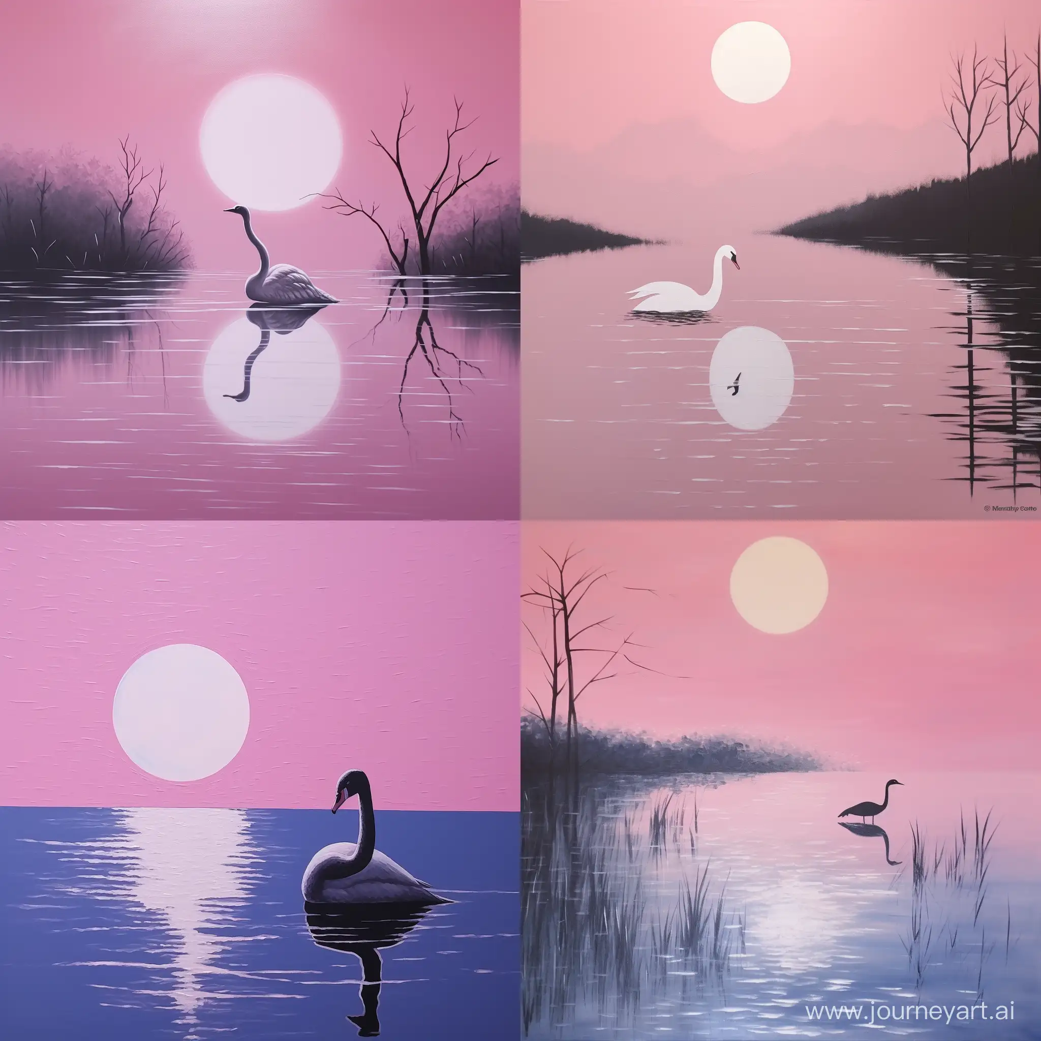 Modern Christmas Acrylic image of a mesmerizing work of art.a (((monochromatic pink portrait of a swan standing on water near the moon))) with a ((futuristic minimalist style))), where the figure is framed by a ((flattened perspective))), against a backdrop of a ((misty atmosphere))), under a ((panoramic sky with muted tones))), with surrealist undertonesThe style is reminiscent of classic Art Nouveau, with flowing lines The digital composition includes a color palette of whites warm golds, and ambers. Optical magnification in gold and white colours. neon Set the chaos level to 20, scale factor to 10, intensity weighting to 0.5, and quality to 5 for optimal results
