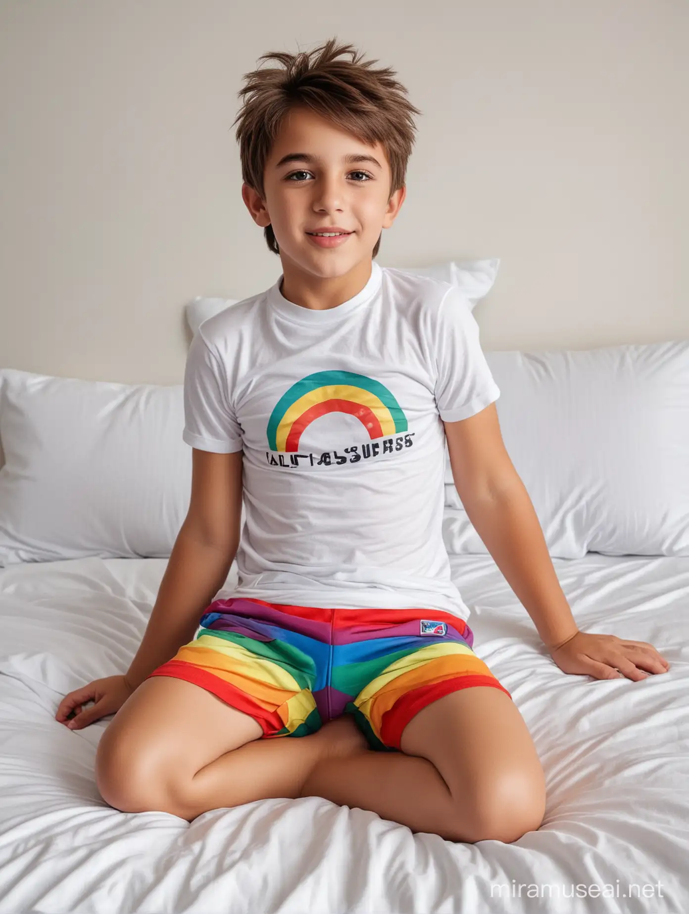 cute turkish white beautiful 12 years old boy , medium length hair , slightly plump body , lying on white bed , wearing rainbow short with long socks ,hot lips , hot thighs , tanned skin , Lying on his back 