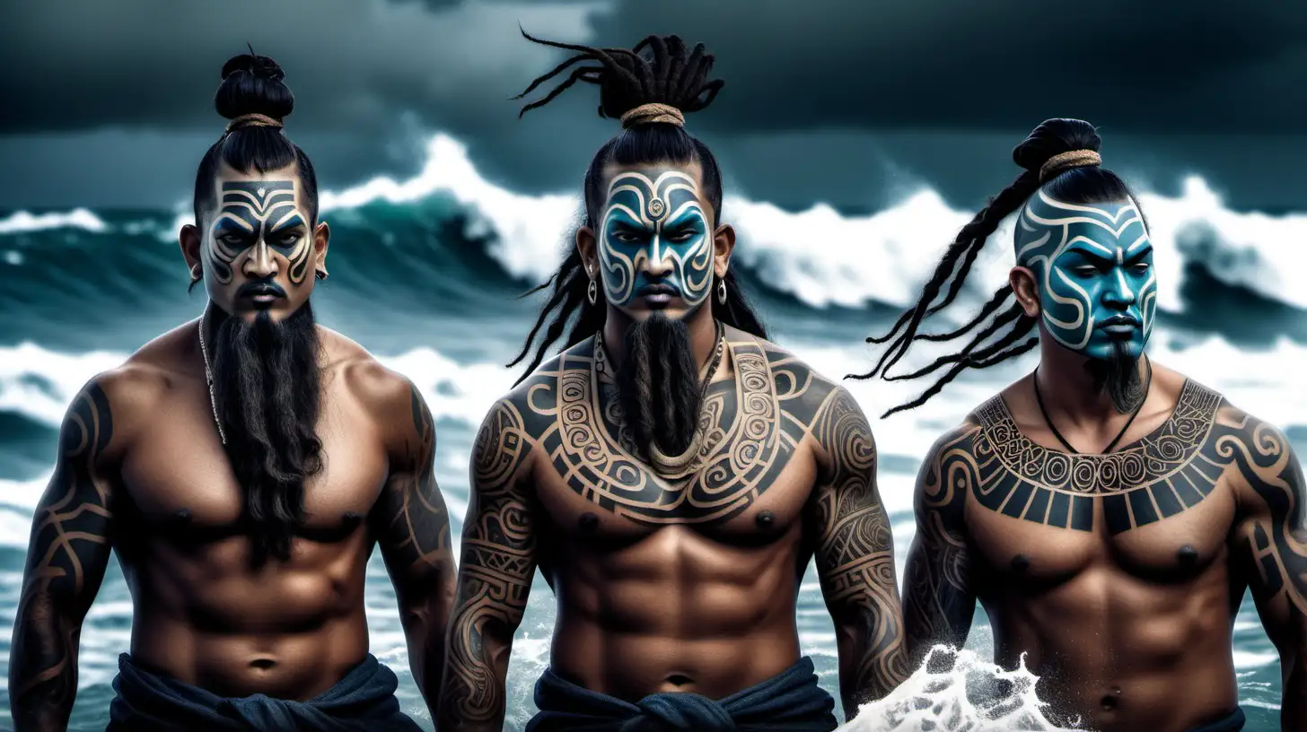 4 warrior gods with hair rolled in a top knot wearing a heru maori tatoo on faces caught in rough sea 