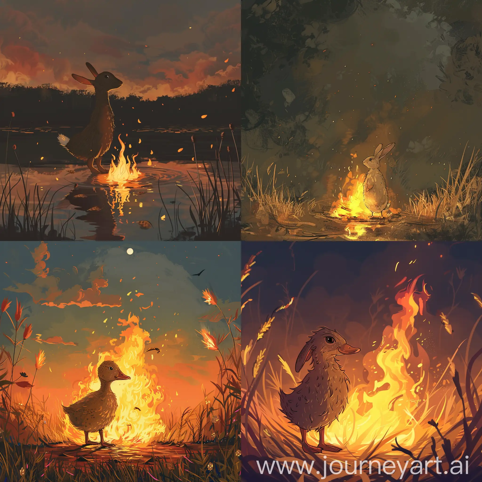 an illustration of a duckrabbit  standing in a fire during the evening in the style of moriz jung