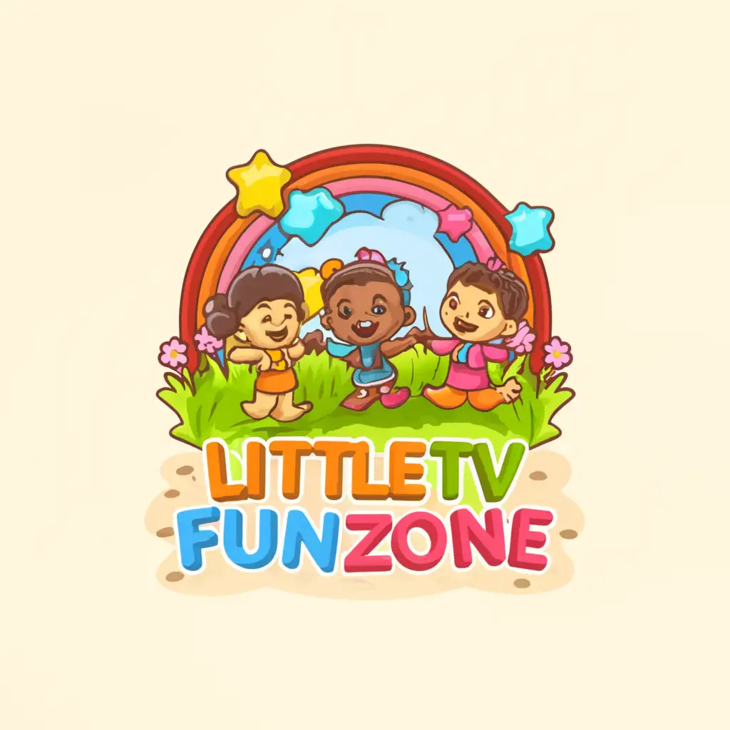 a logo design,with the text "LittleTV FunZone", main symbol:toddlers dancing singing logo with text "LittleTV FunZone" on garden rainbow backdrop with sand back ground,complex,be used in Entertainment industry,clear background