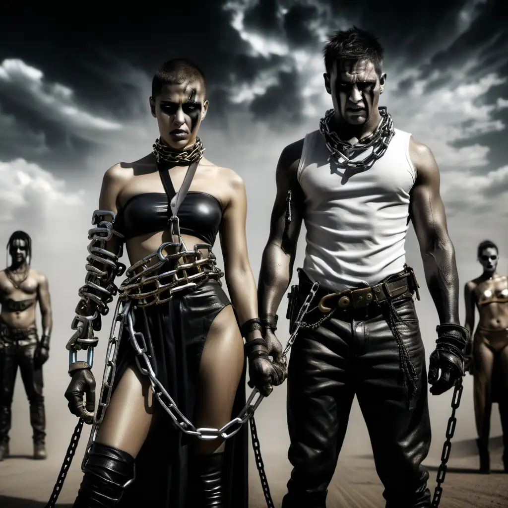 mad max inspired photoshoot women and men in chains, hyper realistic image, vague style photoshoot, white and gold colors