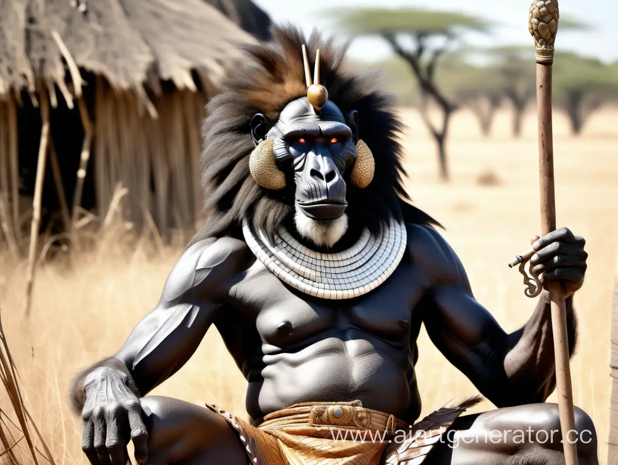 A very large black majestic,baboon looking masculine,wearing lion skin kingly Zulu garment ,with snake like eyes,looking rich,he does not have fur and has a scar on face,seated on a throne made of spears,inside an African hut,smoking a cigar ,looking very devilish ,the outside looks like savanna grasslands