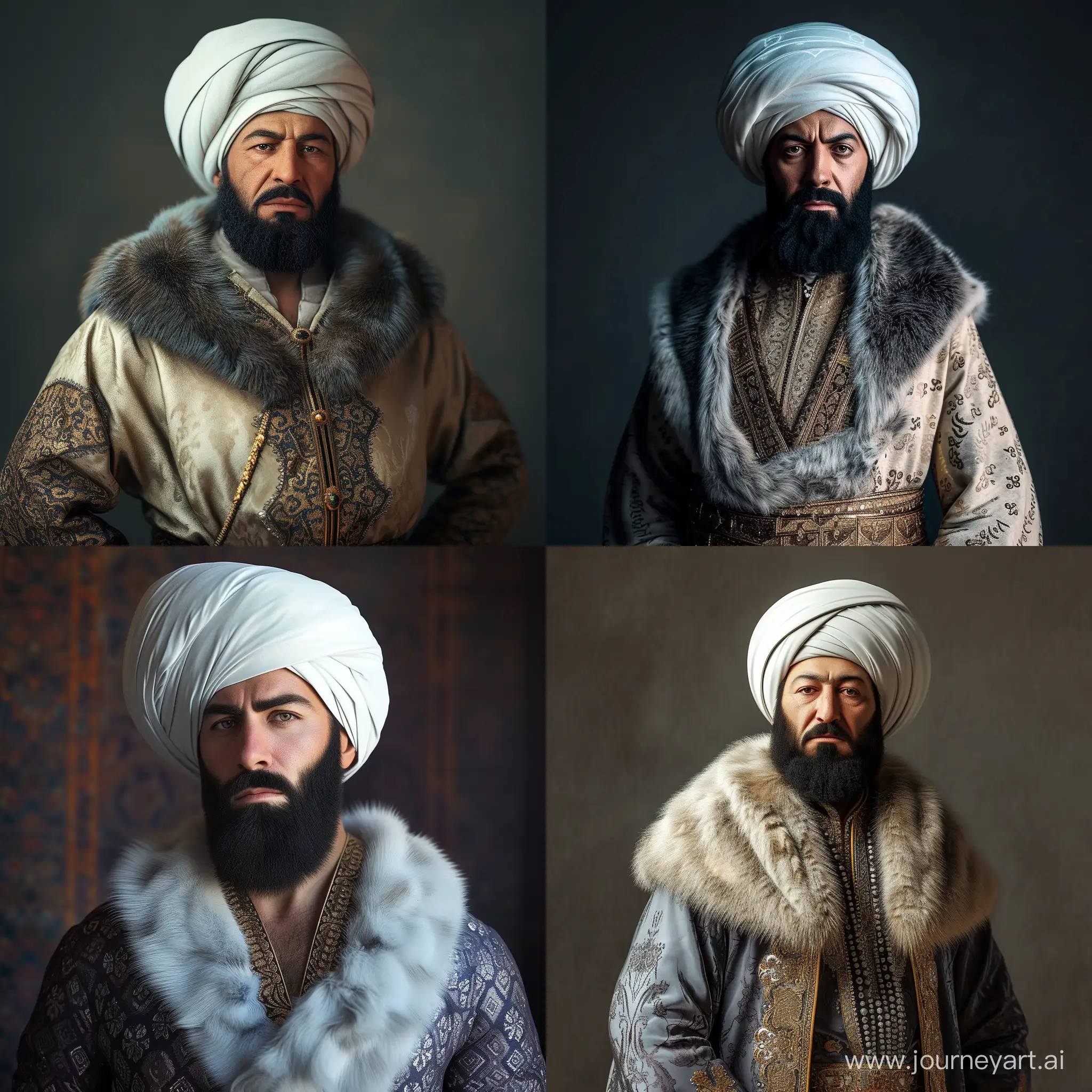 A realistic photo of 30 years old Ottoman Sultan Mehmed II, He has black average beard, curved Ottoman nose and small lips. Wearing luxury Ottoman caftan with fur collars and medium size white Ottoman turban. His hands behind his back. Realistic photograpy with impressive details.  High resolution, high definition, cinematic shot, realistic, 4k, photo realistic, cinematic lighting