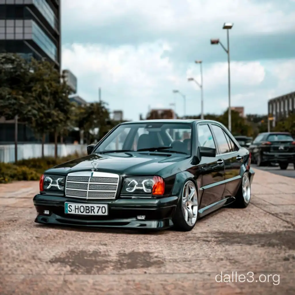 Stylish Black Mercedes 190E W201 Stanced with Window Stickers | Dalle3 AI