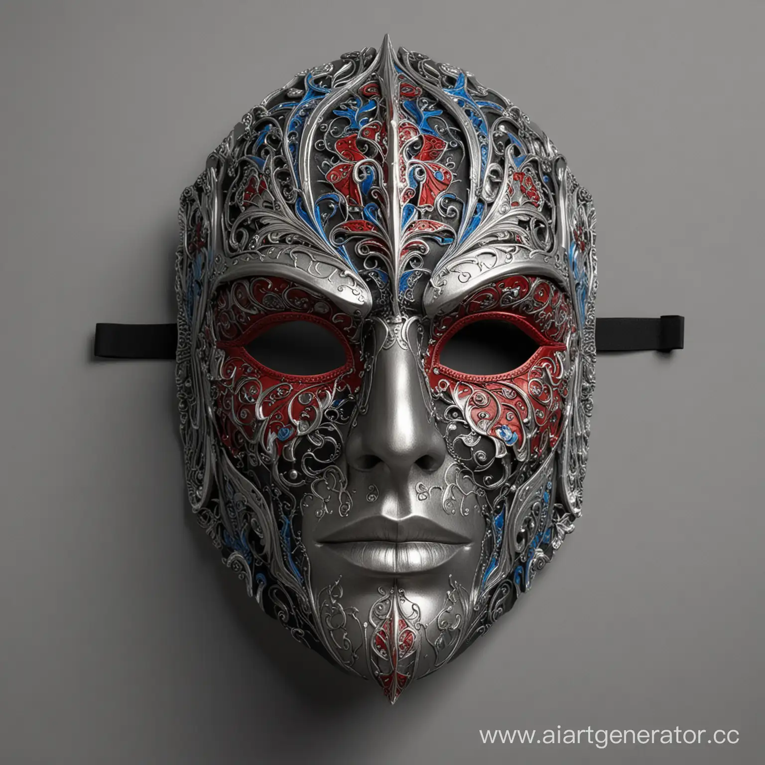 Интерьерная маска Коломбины, со множеством деталей и фактур,  симметричная,  сложно выполненная, в черном, серебряном, белом, красном и голубом цветах