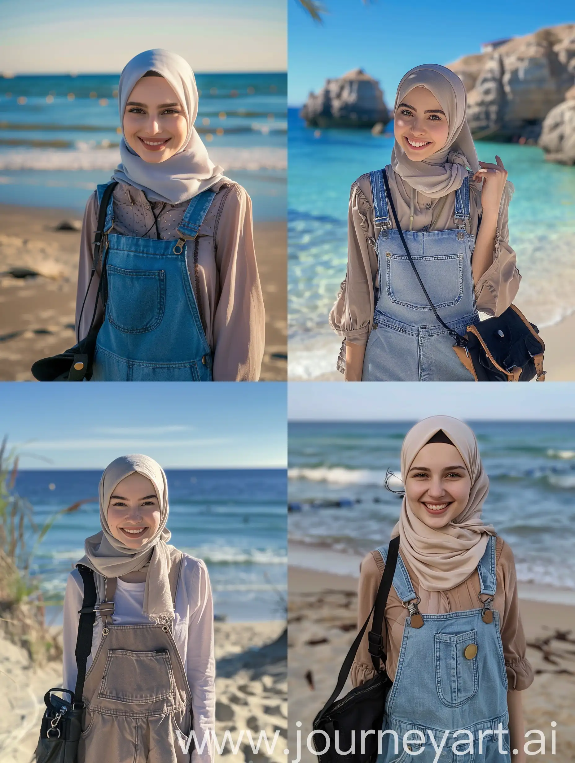 photo portrait of 35 year old Russian hijab girl, on a beautiful beach, wearing overalls and a small black bag, smiling, original photo