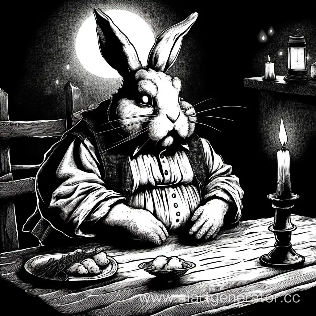 очень Толстый суровый кролик с бородой белого цвета в деревенской одежде сидит ночью за пустым столом  и рассказывает страшную историю. Кролик сидит анфас и смотрит прмо на зрителя. Атмосфера страшная. Кролик выглдит уставшим и впившим. На столе только одна единственная свечка. 

