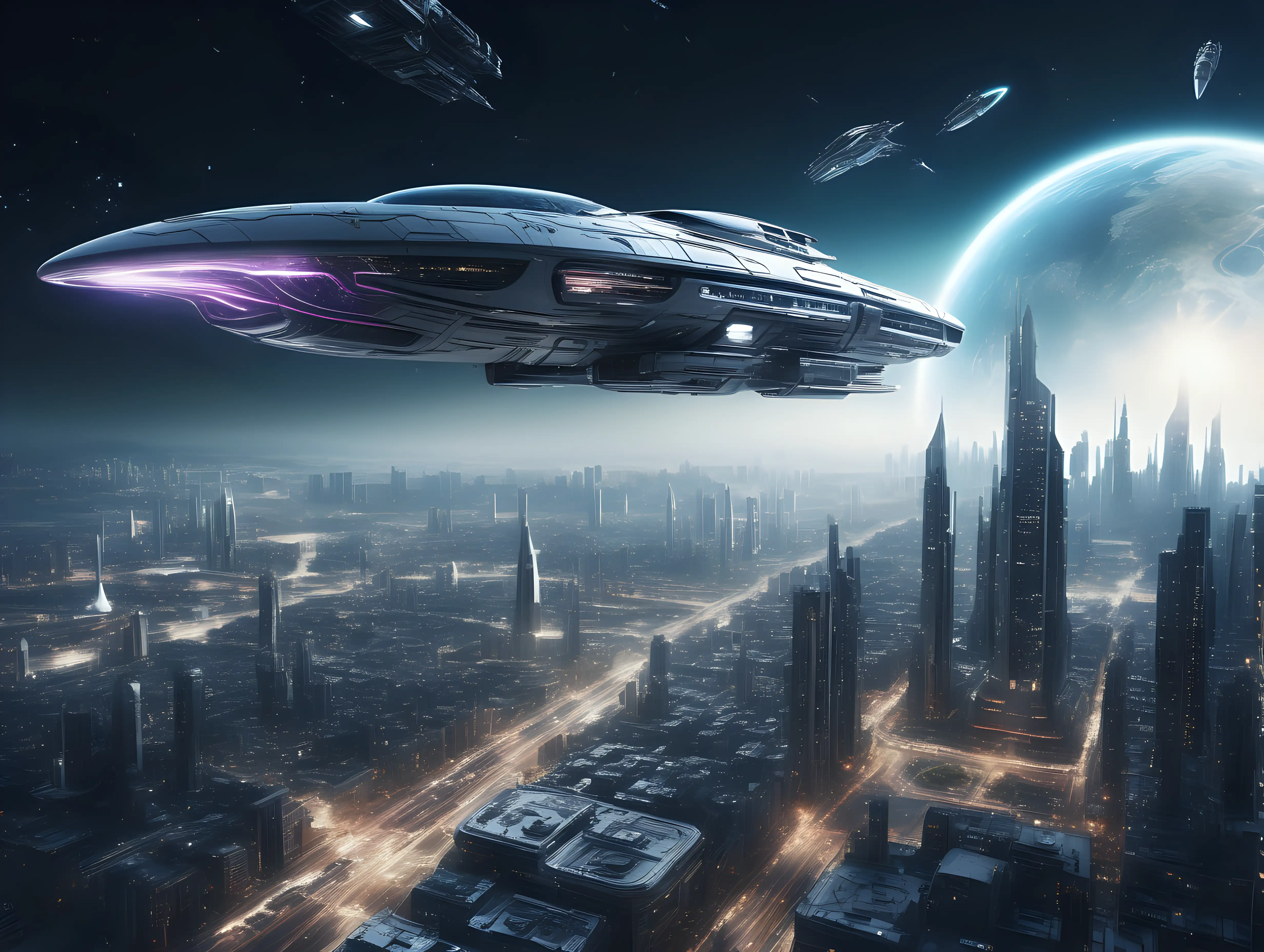 Futuristic Cityscape with Hovering Spaceship Illuminated in Lights