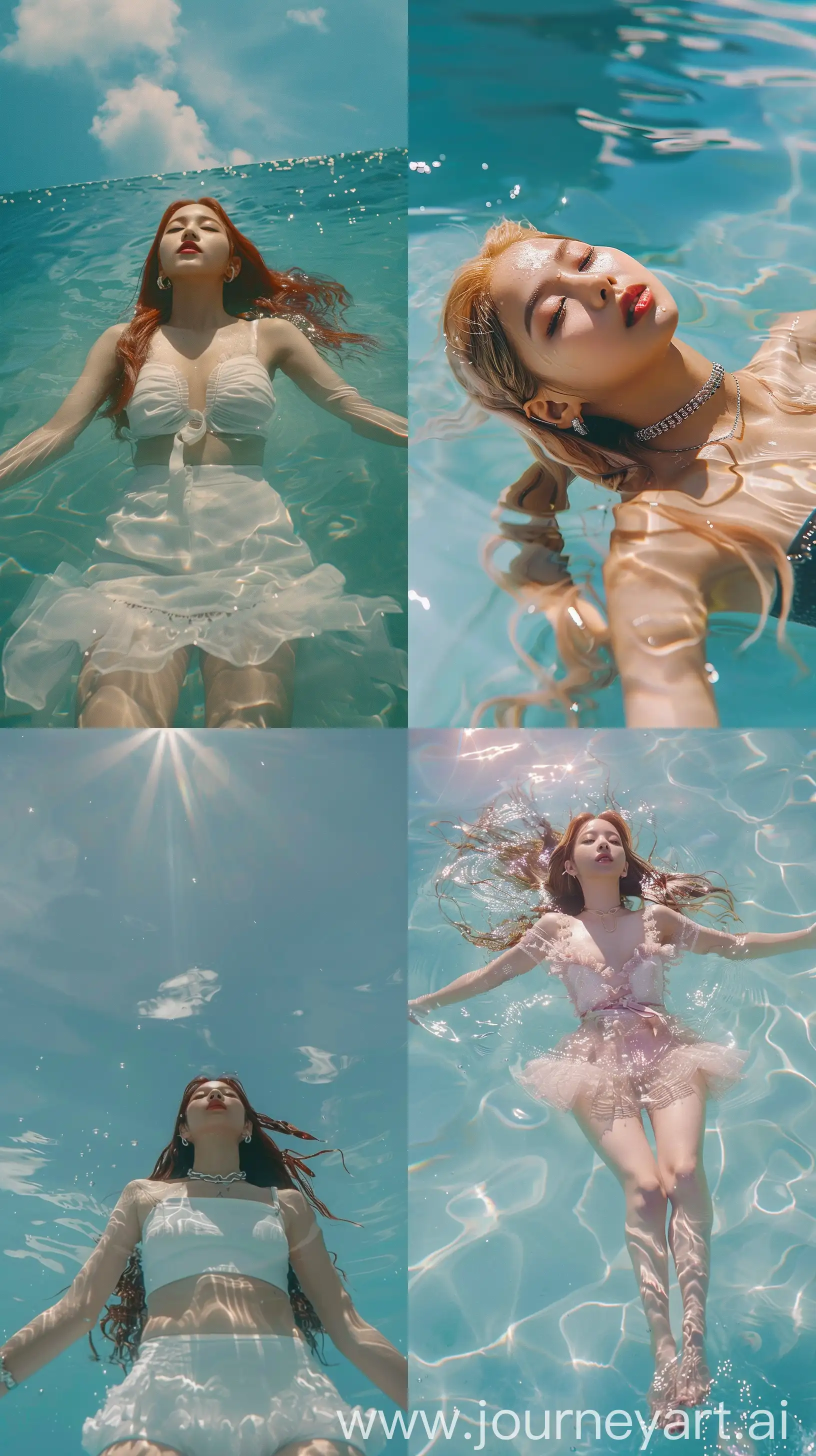 a blackpink's jennie floating on water On a sunny day. --ar 9:16
