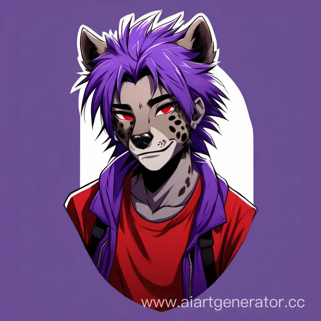 furry, male, hyena, purple hair, red tshirt


