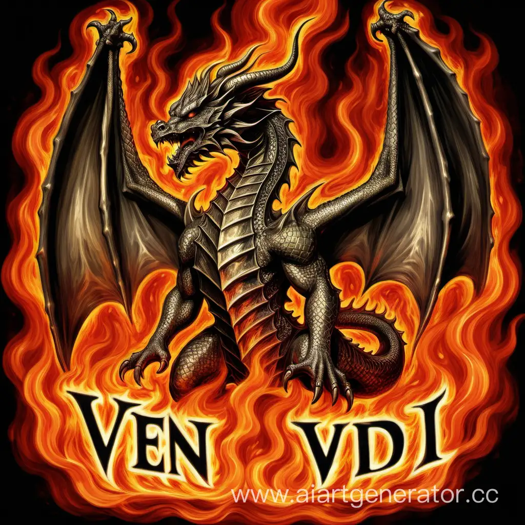 The dragon spews flames forward, and from the flame appears the inscription "Veni vidi vici" a clear inscription VENI VIDI VICI