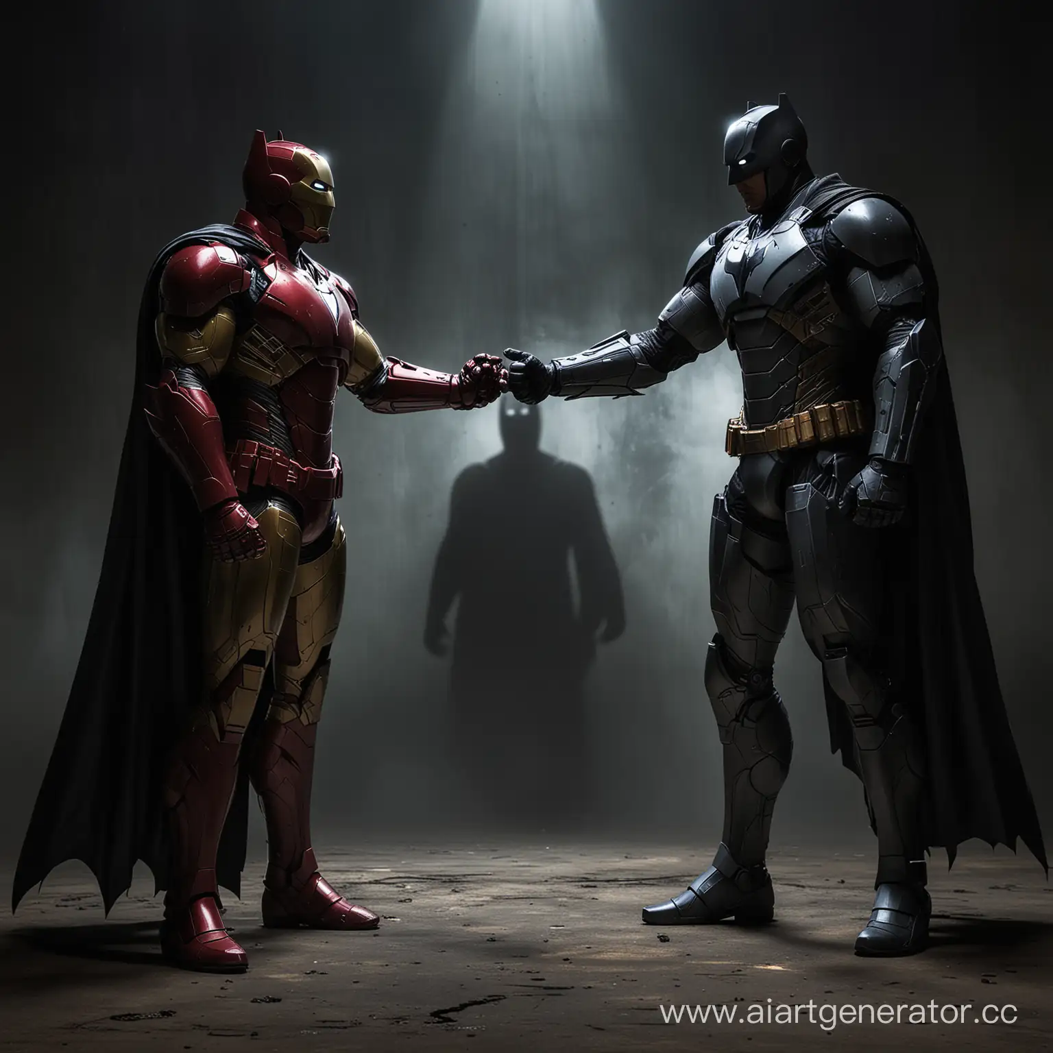 Batman and Iron Man stand at full height, facing each other, their imposing figures casting long shadows in the dimly lit space. Despite the darkness shrouding their faces, the intensity of their stares speaks volumes, each trying to gauge the other's resolve and intentions. Towering in their respective suits, they exude an aura of power and determination, ready to confront whatever challenges come their way. In this silent exchange, their silent communication speaks of mutual respect, tempered with an underlying sense of rivalry, as they stand, locked in a silent standoff, each waiting for the other to make the first move.