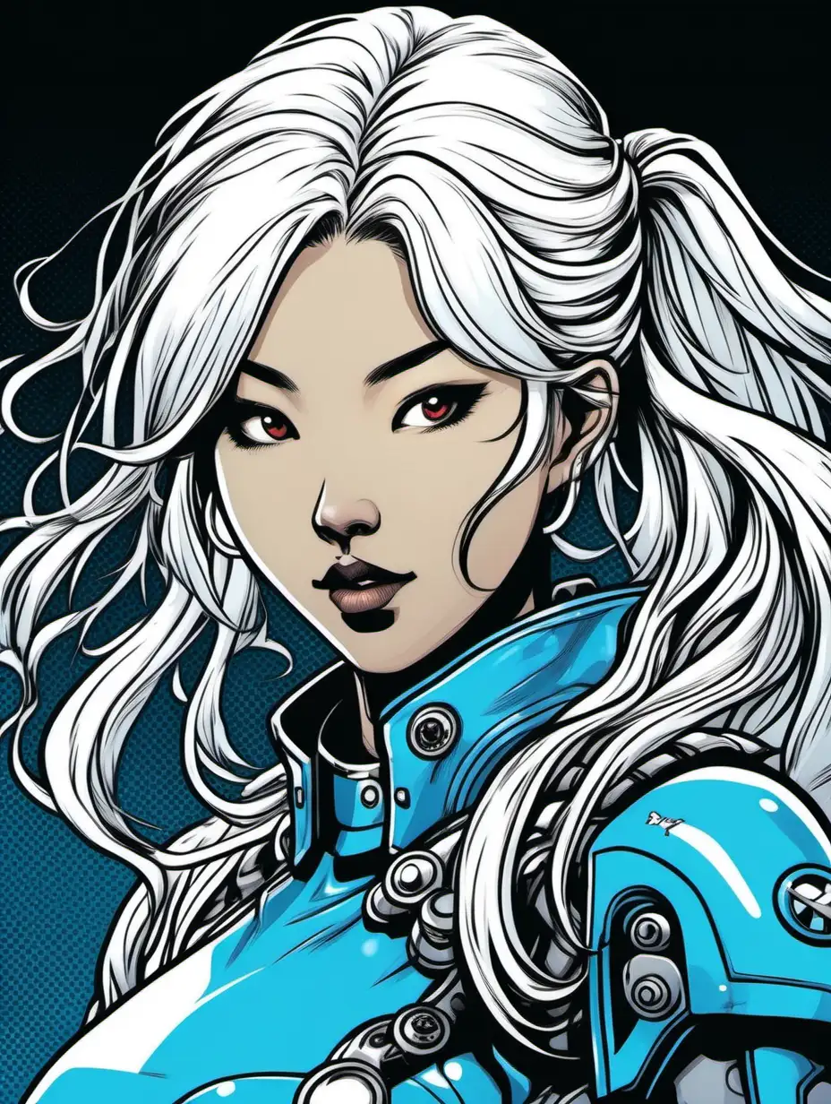 Close up portrait of a smirking young korean woman in style of comic art. She has long white hair in pigtails and is wearing ocean blue power armor covering her torso.