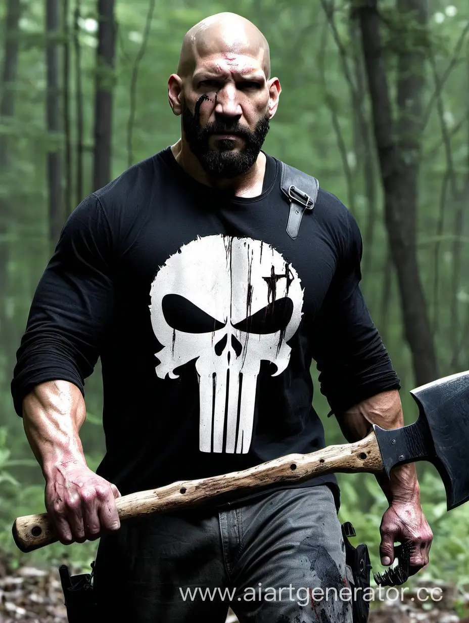 bald head beard faced jon bernthal punisher with in his hand a axe