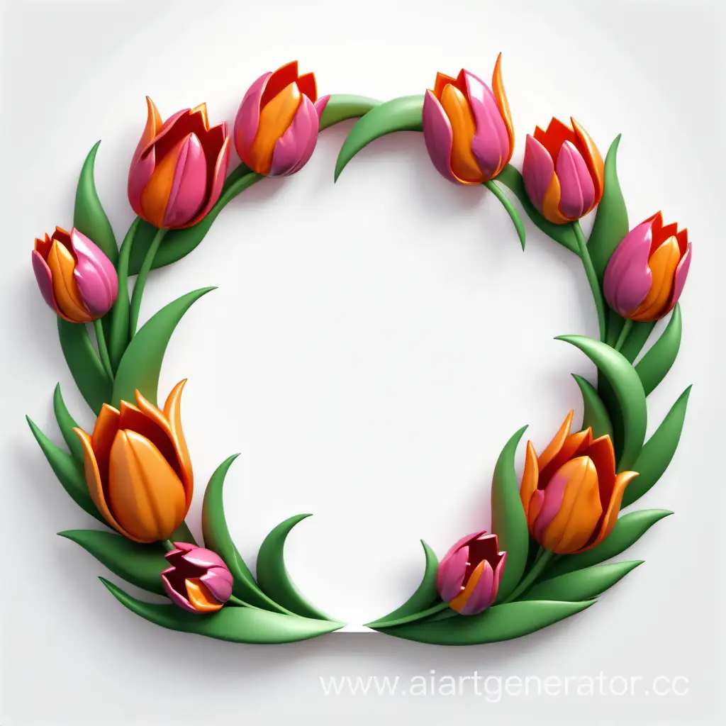 simple icon of a 3D flame border floral wreath frame, made of border tulip flowers. white background.
