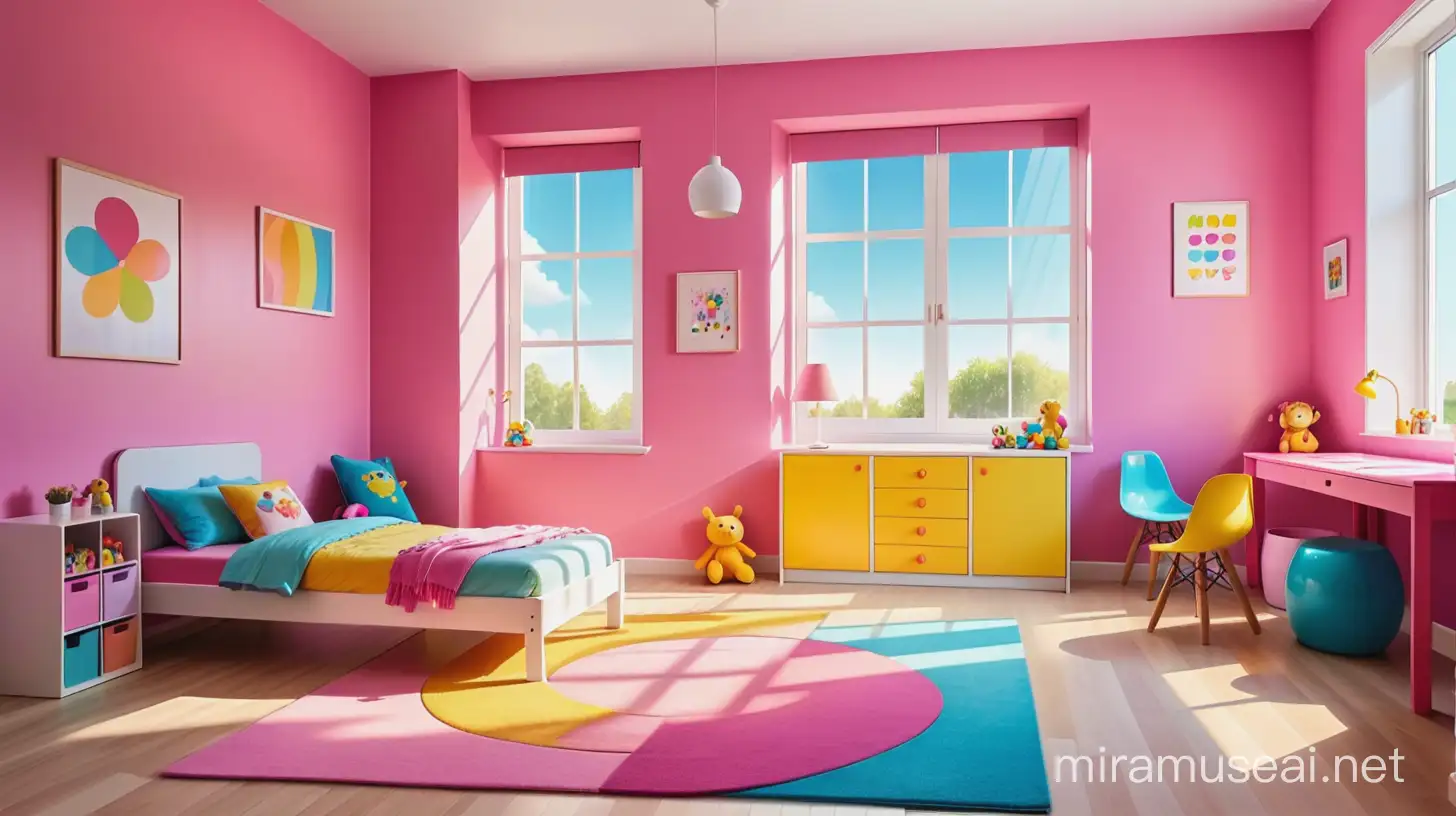 A kids room with color pink , yellow and blue , have a window the sunshine light comes throw it, and there is a big board in the floor with colors. make it without any person or kid. cartoon type