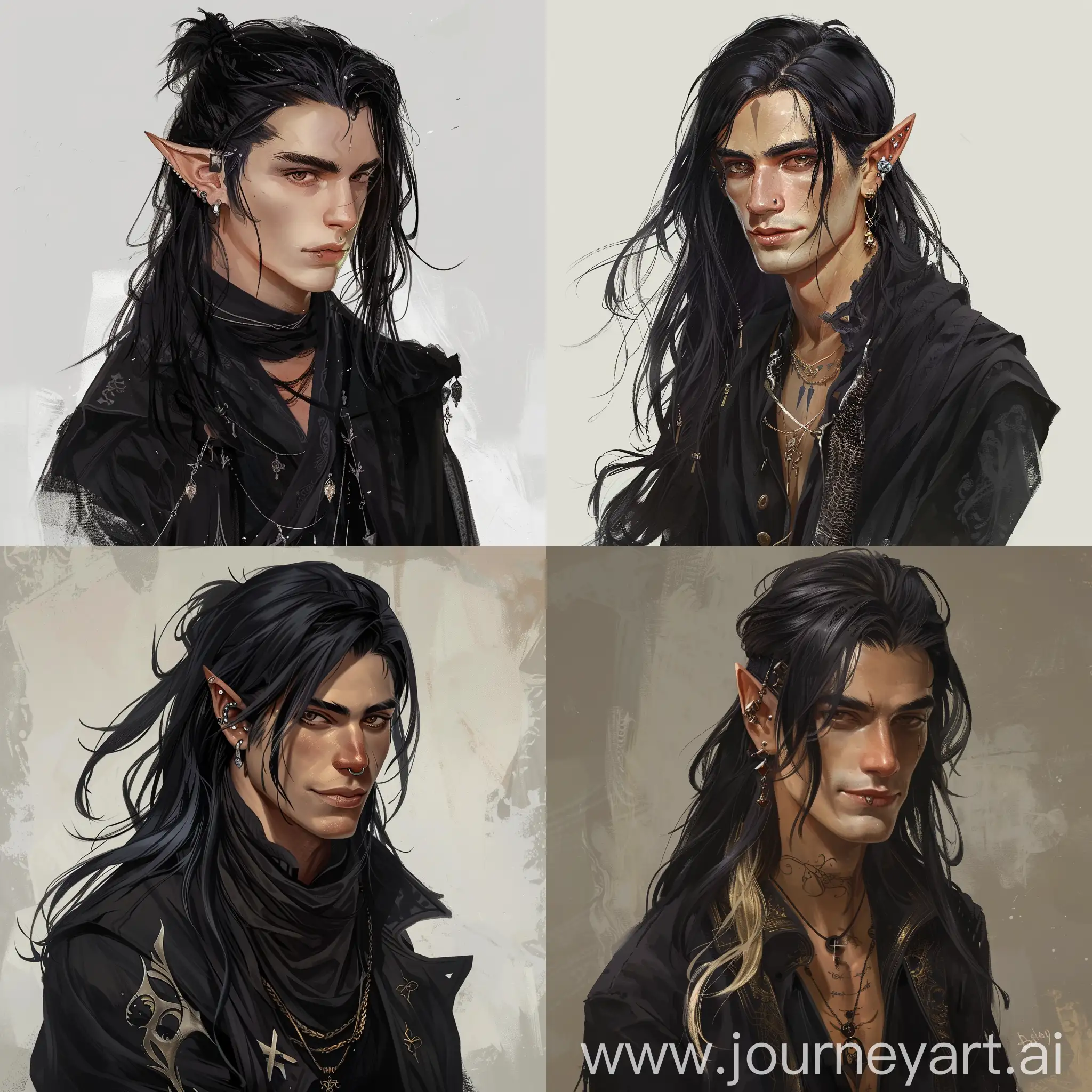 : A man. Lightfoot Halfling Rogue. Assassin/Spy predominantly black clothing and not cute but with a really charismatic/attractive aura. Medium-long black hair with dyed light-platinum ends. With cool piercings and funny looks. Fantasy Art Style