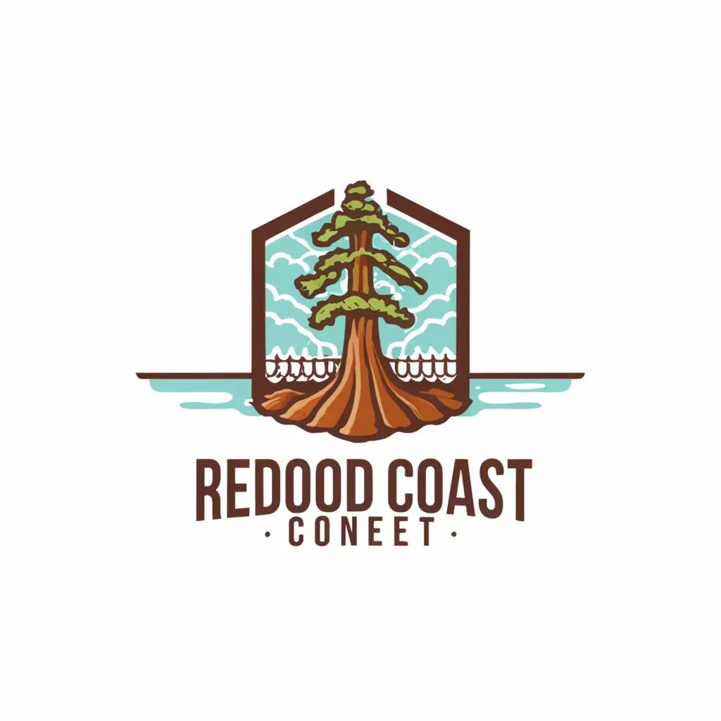 a logo design,with the text "Redwood Coast Connect", main symbol:Redwood tree, beach, ocean and internet fiber,complex,clear background