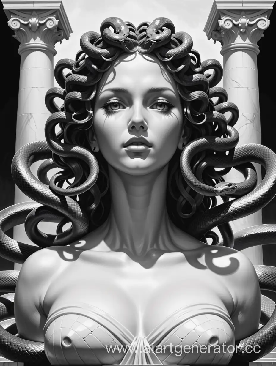 Monochrome-Medusa-Head-Statue-with-Snakes-and-Open-Letter-Rob-Hefferan-Style