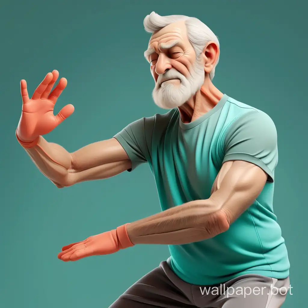  a senior male, stretching exercises, sportswear, healthy, athletic, mindfulness, active, harmonious, humanized, wholesome, growth. the setting is gradients, harmonious, humanized, and wholesome. The primary color, a bright teal #009688 , represents harmony and balance, reflecting the brand's focus on physical longevity. The secondary color, a soft pastel green #D4E4BC, adds a touch of freshness and balance to the palette, while the accent color, a warm coral #FF9A8B, infuses energy and vibrancy. This palette embodies the modern and wholesome approach of the brand.