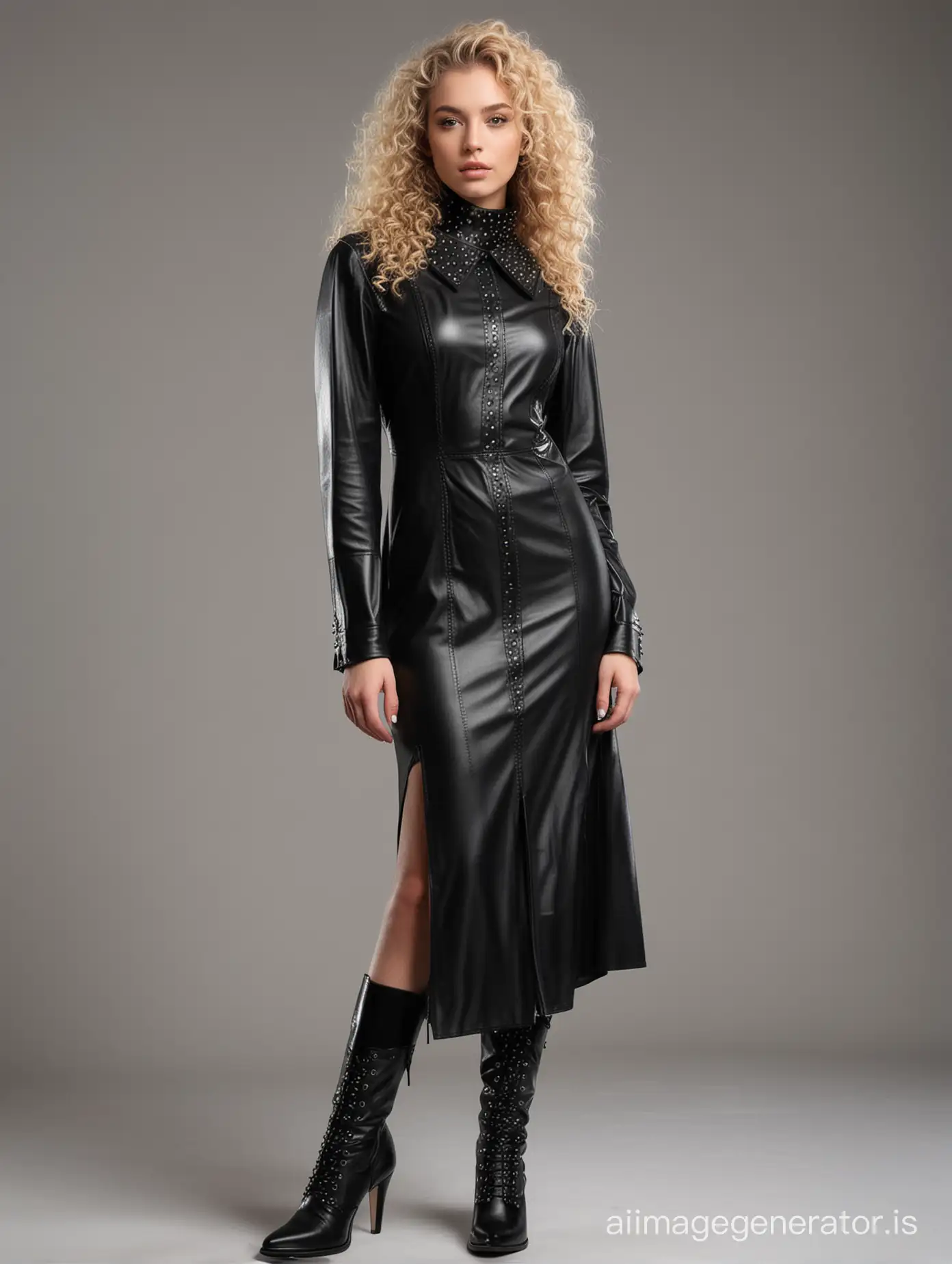 full length view beautiful fashion model with blond curly hair, fashion poses. a soft smile. standing elegantly. Wide leather collar with metal spikes and elegant long dress made of plexiglass and black boots