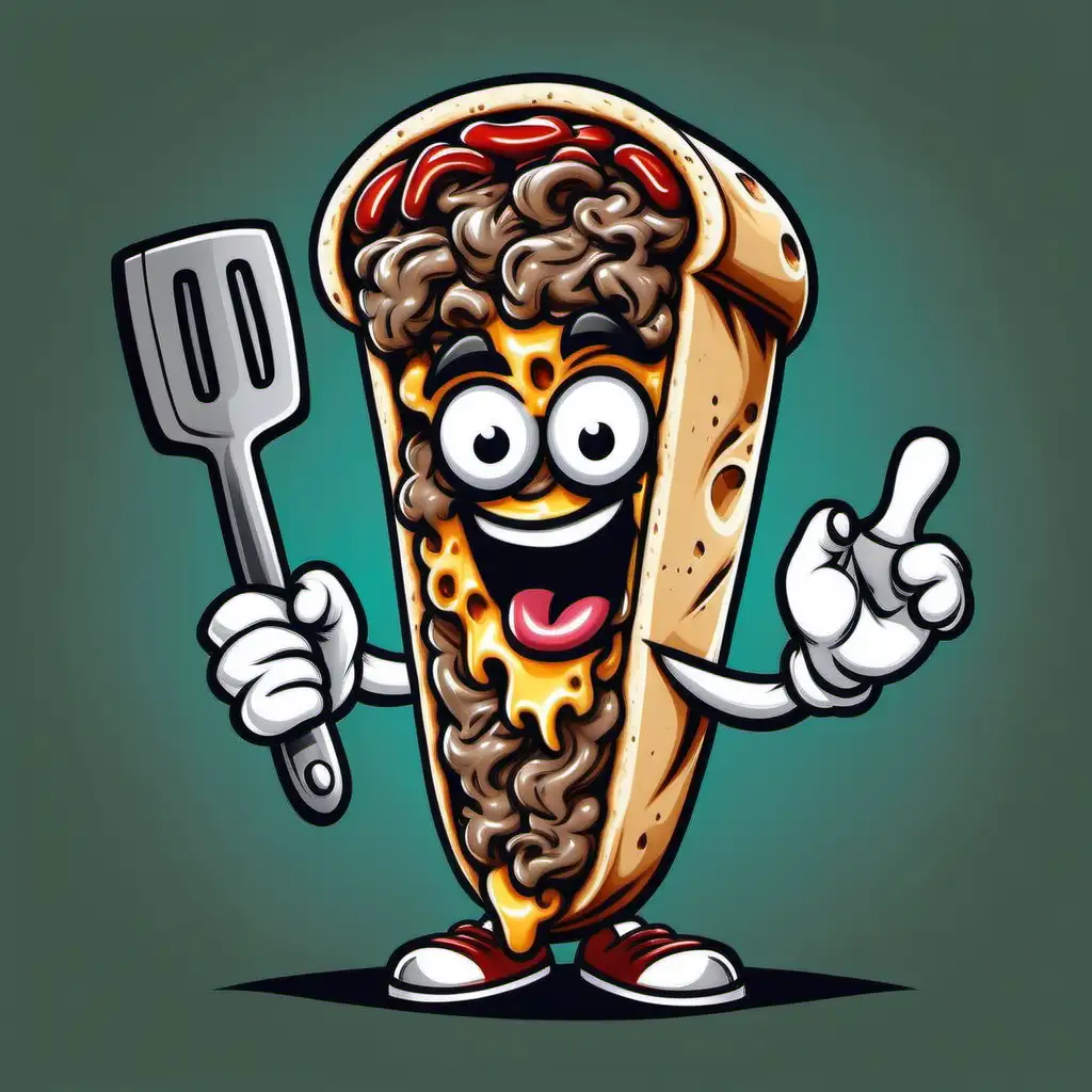 Cheese Steak Wrap hoagie cartoon mascot Mean Aggressive Character with spatula