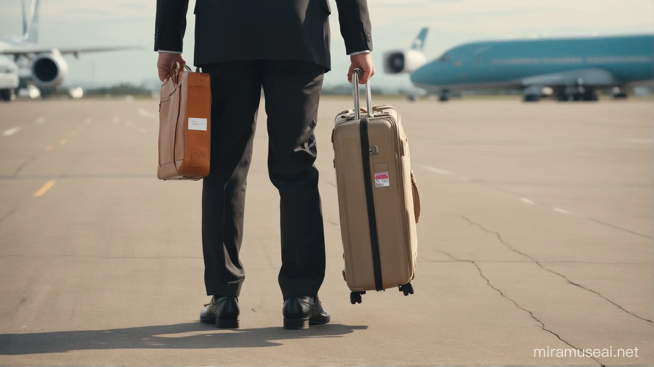 man in suit with suitcase walking to an airplaine. the suitcase has a bright tag that is visible. the suitcase should be clearly visible