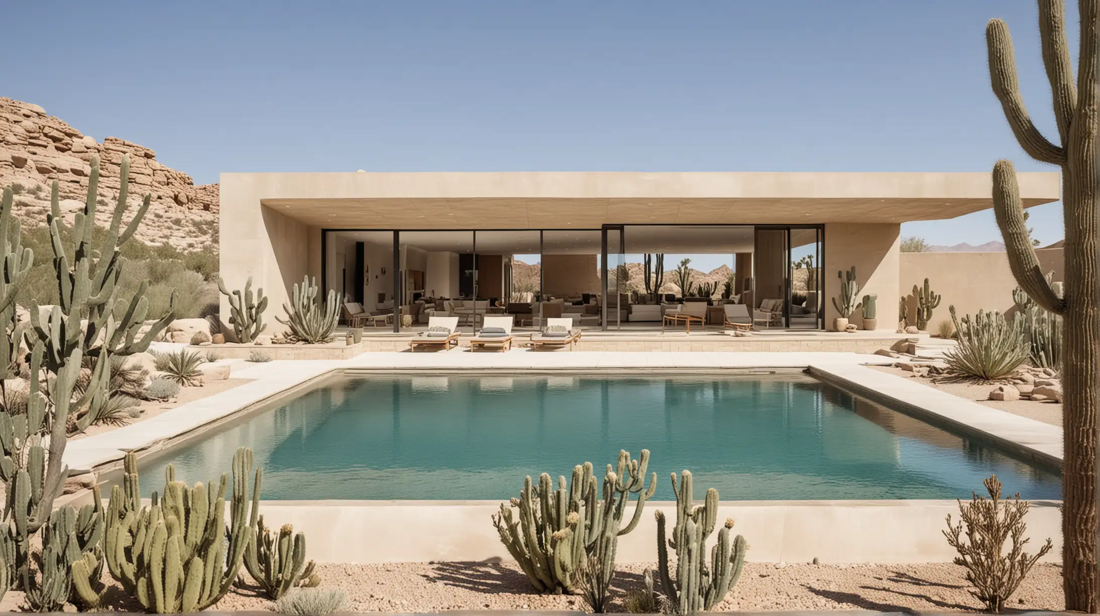 an organic minimalist large split level desert home exterior; beige, limestone, oak, sandstone, cacti, infinity pool,
