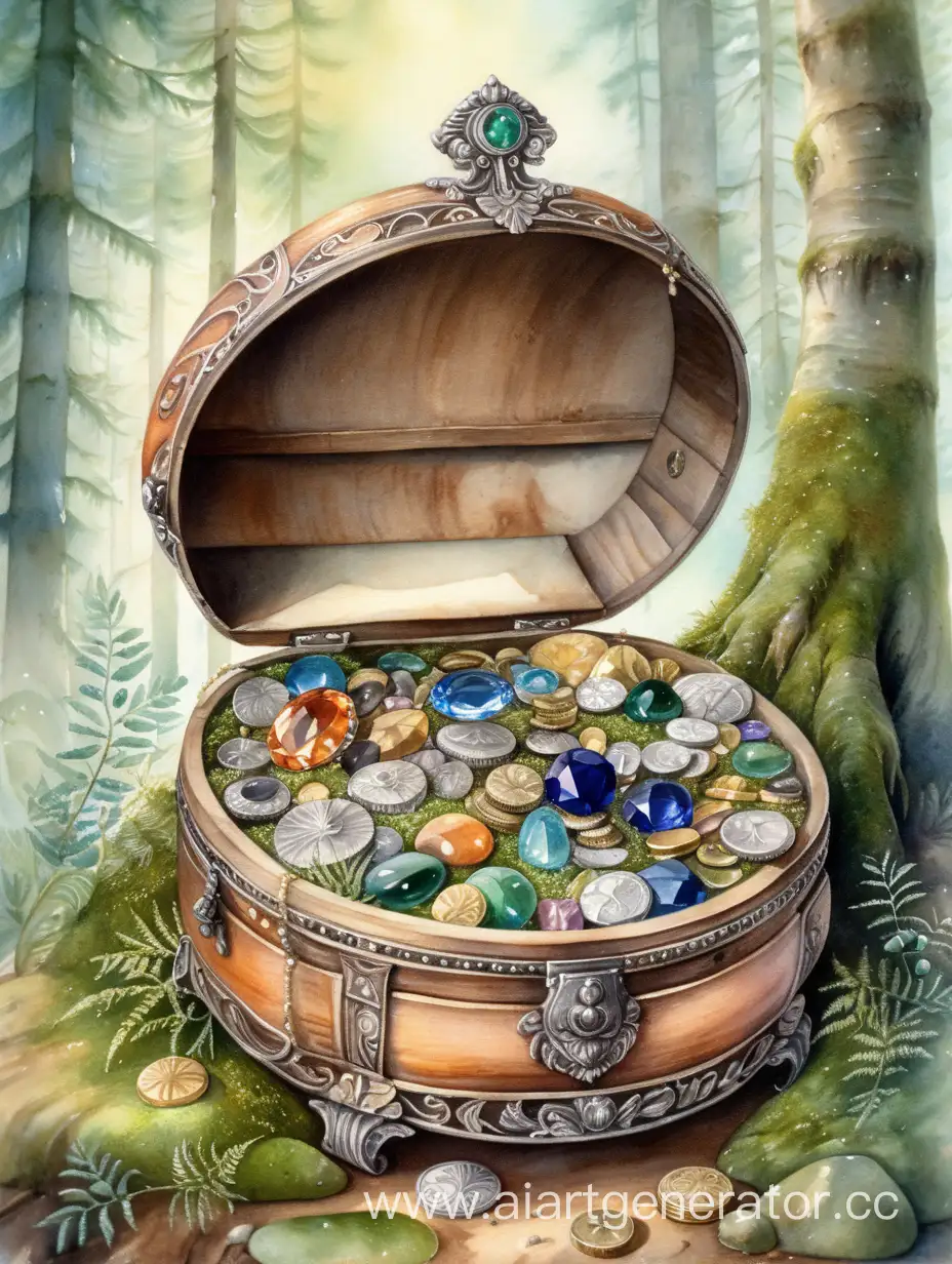 Ультра-детализация, мягкая акварель, яркая акварель, круглый сундук старинный, орнамент, драгоценные камни, монеты, лес, мох