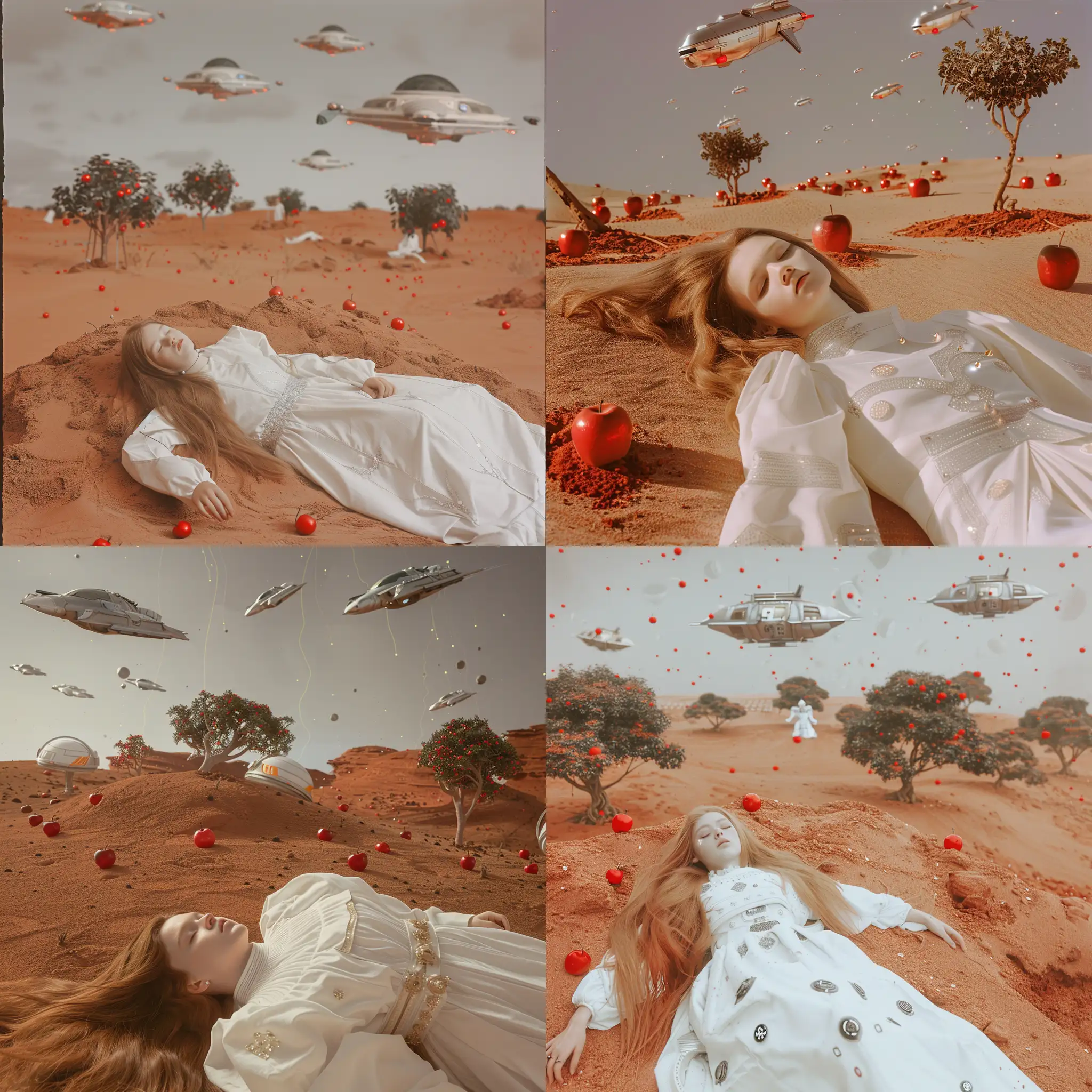 Фантастическая планета в стилистике фильма Дюна, девушка лежит  в белом костюме,  длинные каштановые волосы, красная песчаная земля,  на горизонте небольшие деревья с красными яблоками, на сером небе проплывают космические корабли, 8k, плёночная фотография, ультодетализация, рассеяние света, резкий фокус, высокая детализация 