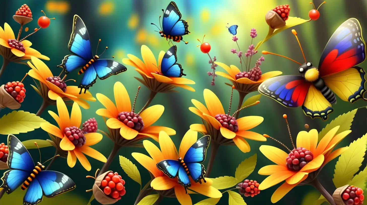 В  этом летнем  лесу  над полевыми цветами желтыми, синими, красными, кустами с красной ягодой  летает много разноцветных  красивых бабочек и оранжевые с черными полосками пчелы