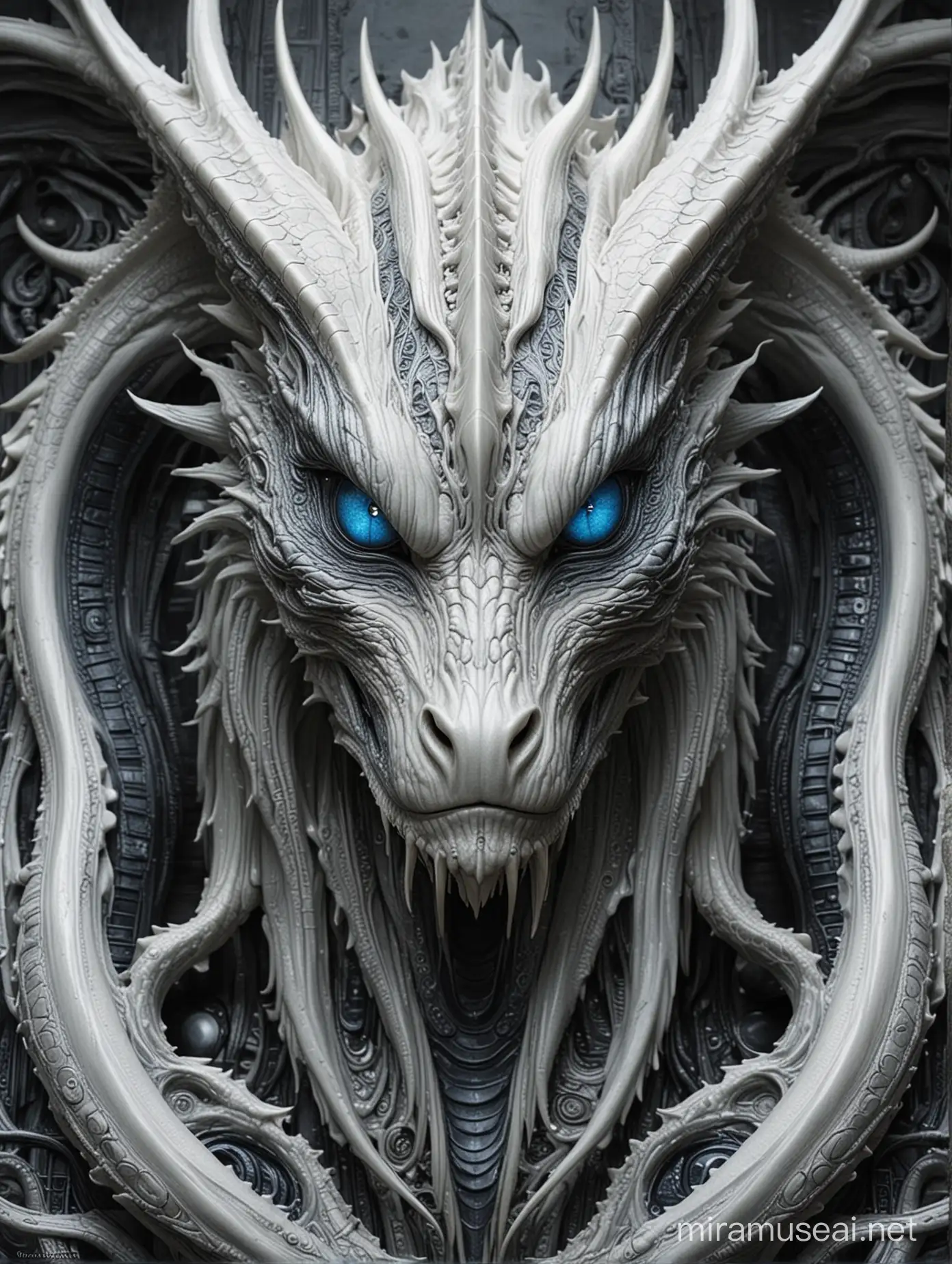 hr giger style Mystic white dragon with indigo eyes 