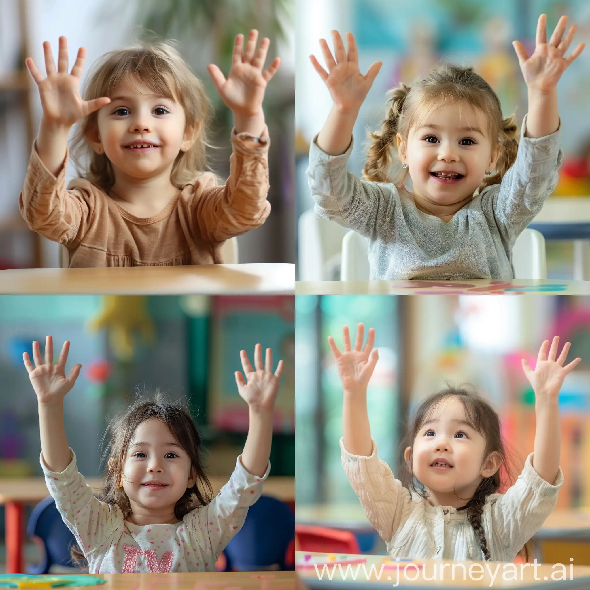 Photo, young child sitting and playing at the table, realistic character, blurred background in kindergarten, happy mood, clear and bright eyes, cheerful and lively, girl, raising hands from the table
