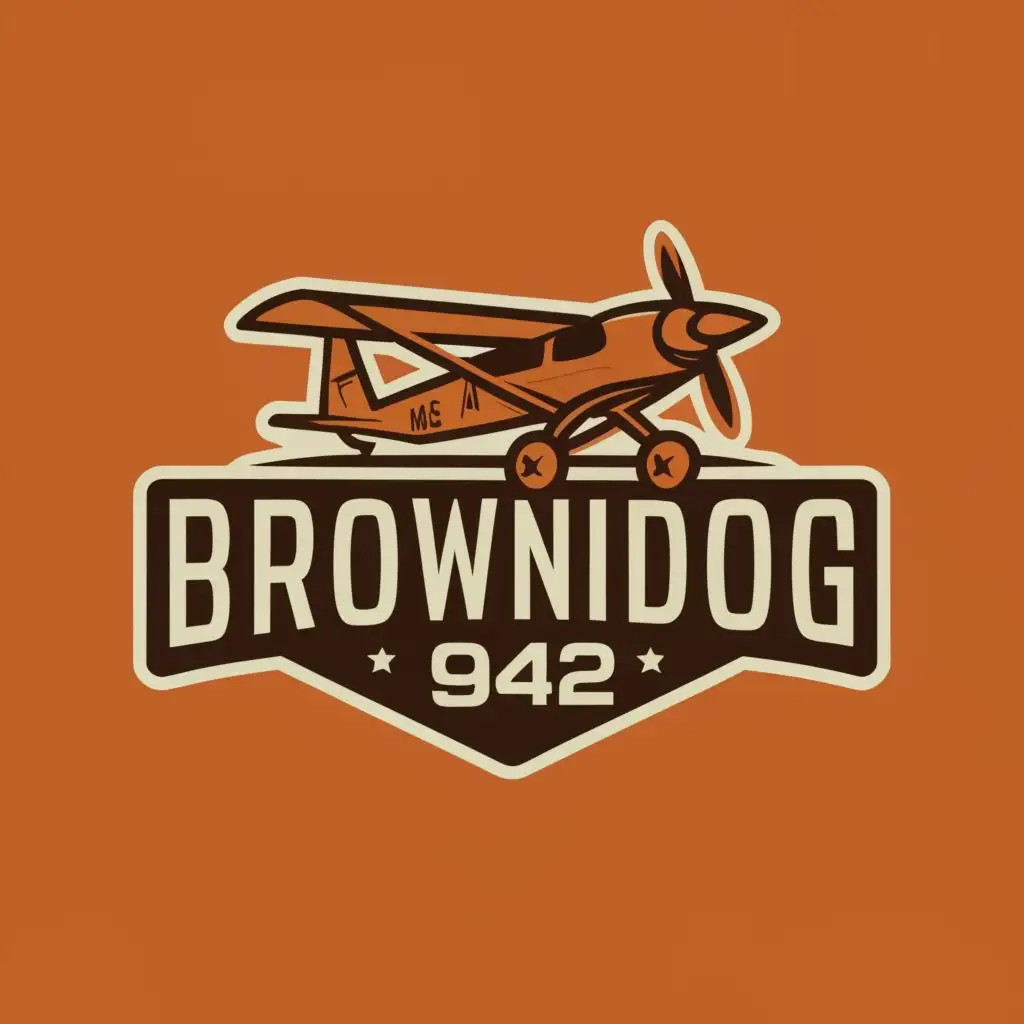 a logo design,with the text "BrownDog 942", main symbol:large mountains,bush plane,green,brown,mustard,orange,general aviation,vintage,Minimalistic,clear background