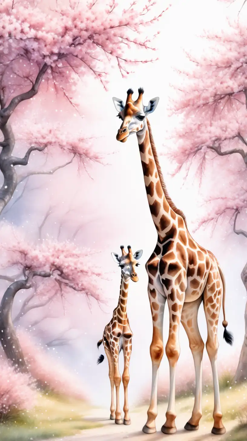 generate an image of a watercolor baby giraffe walking in beautiful scenery with blossom trees
