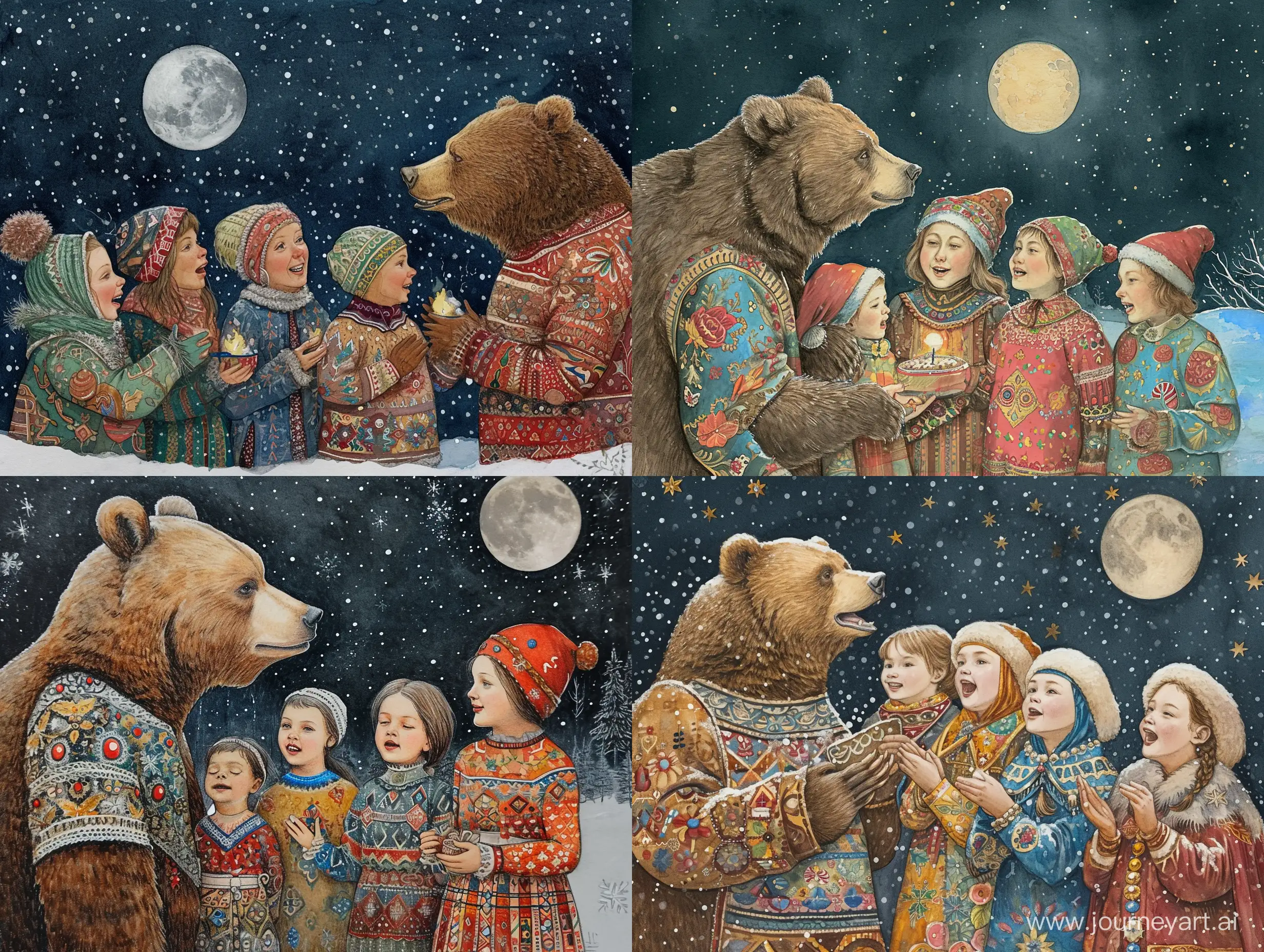 Взрослые и дети в традиционных русских костюмах празднуют  Рождество и колядуют. С ними бурый медведь в русской рубахе. Зимняя ночь, луна, звёзды,
Филигранность и проработанность деталей, замысловато, этнические узоры, лоскутный стиль, микроорнамент, стилизация, символизм, сухая акварель, матовые тона, микродетализация, точечная графика цветными чернилами, карандаш, стиль dark old botanical, ornament art, intricate, филигранность, шедевр, высокое искусство