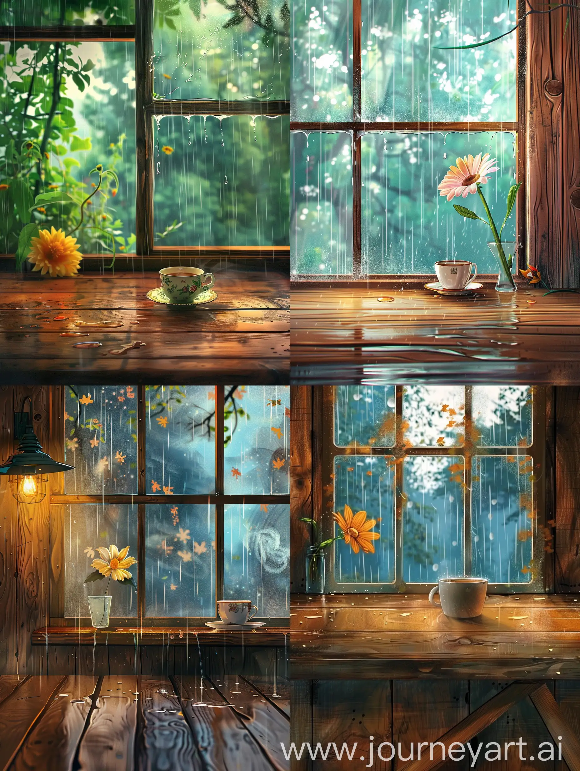 Window, wooden table, rain, flower, coffee cup, anime style.