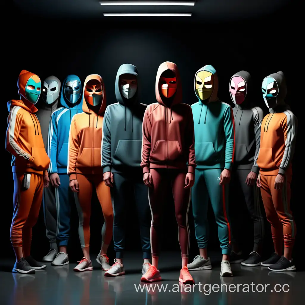 Девять персонажей в зеркальных масках  стоят в темноте, одеты в спортивную одежду. Маски разного цвета
