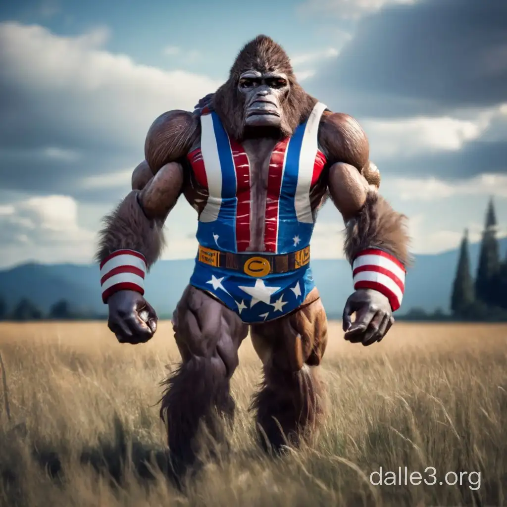 Image of a figure in the distance to show them fully. A hulking broad-shouldered muscular large Sasquatch wearing patriotic attire. 3d model 8k photorealistic