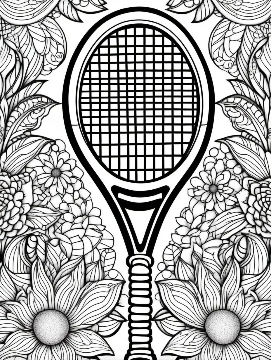 tennis racquet, adult coloring page, doodle floral art background, black and white, thick black lines, clean edges, full page, color by number