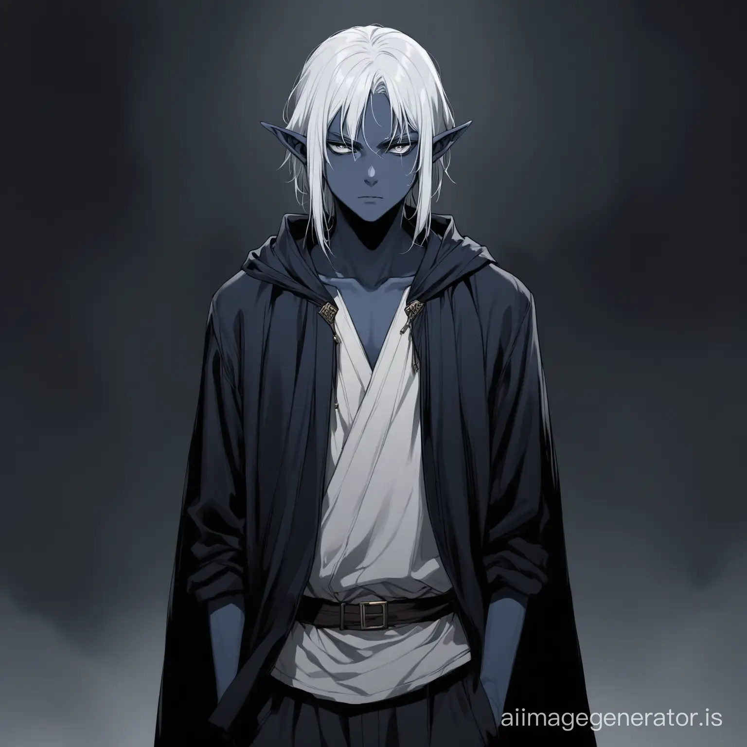 A 16-year-old boy, a dark elf with gray-blue skin, white hair, in a dark robe, jacket and trousers stands in the dark with a sullen face