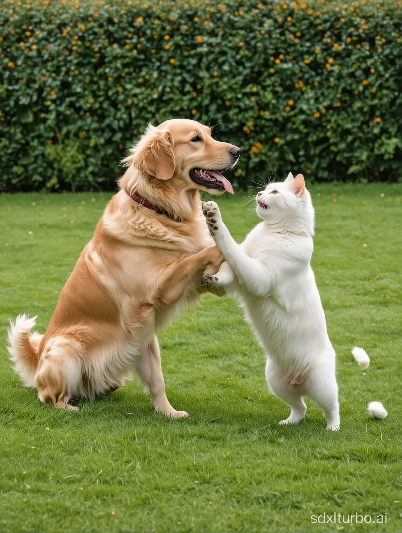 Golden-Retriever-and-White-Cat-Playing-Joyfully-on-Green-Grass