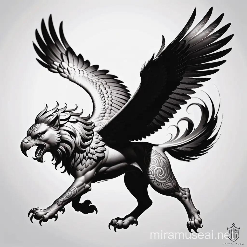Greek griffin tattoo design flying around, perched on something